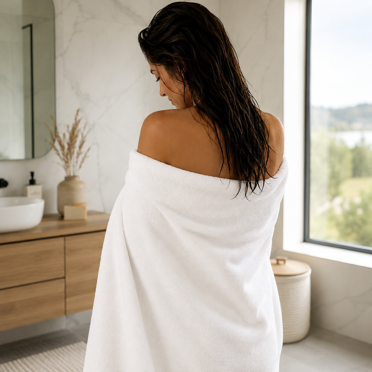 Mulher a secar o cabelo com uma toalha branca premium numa casa de banho moderna