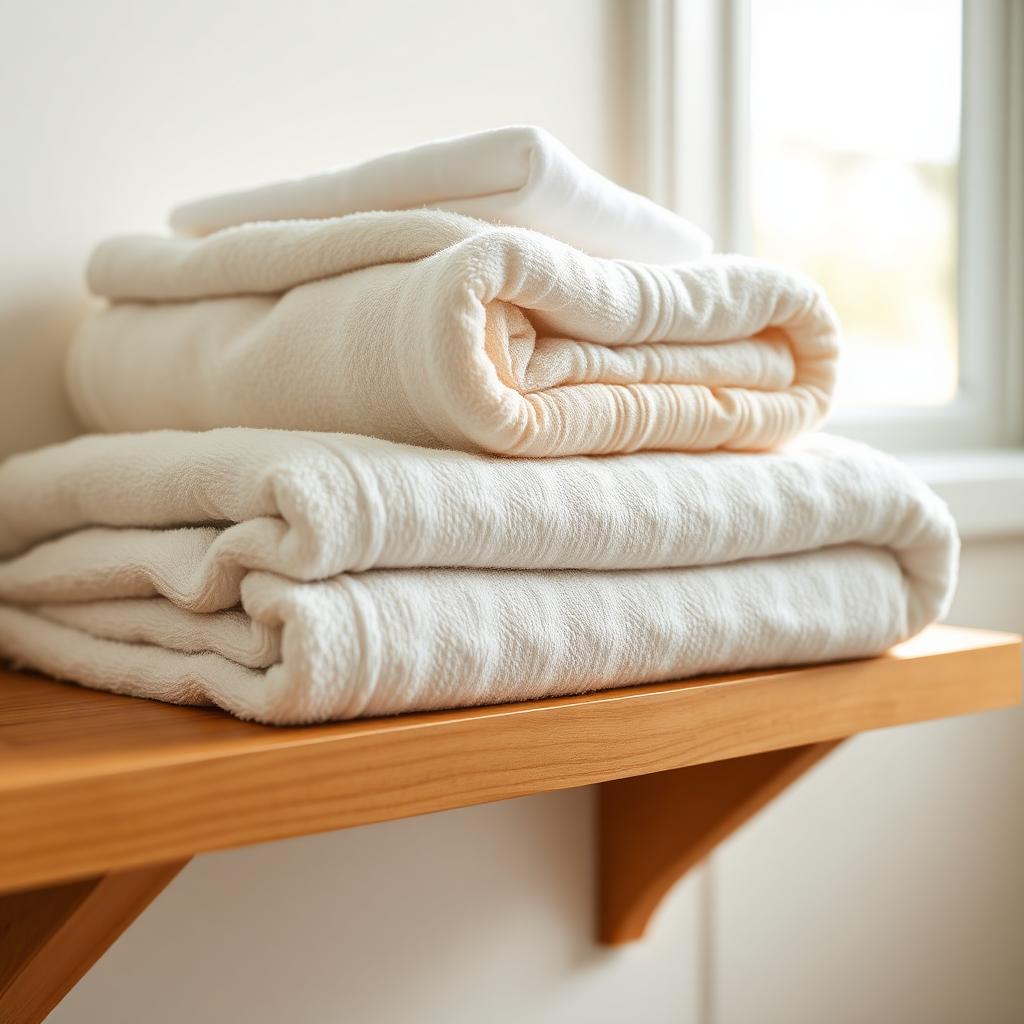 Toalhas premium nas cores branco, creme e cinza claro empilhadas numa prateleira de madeira