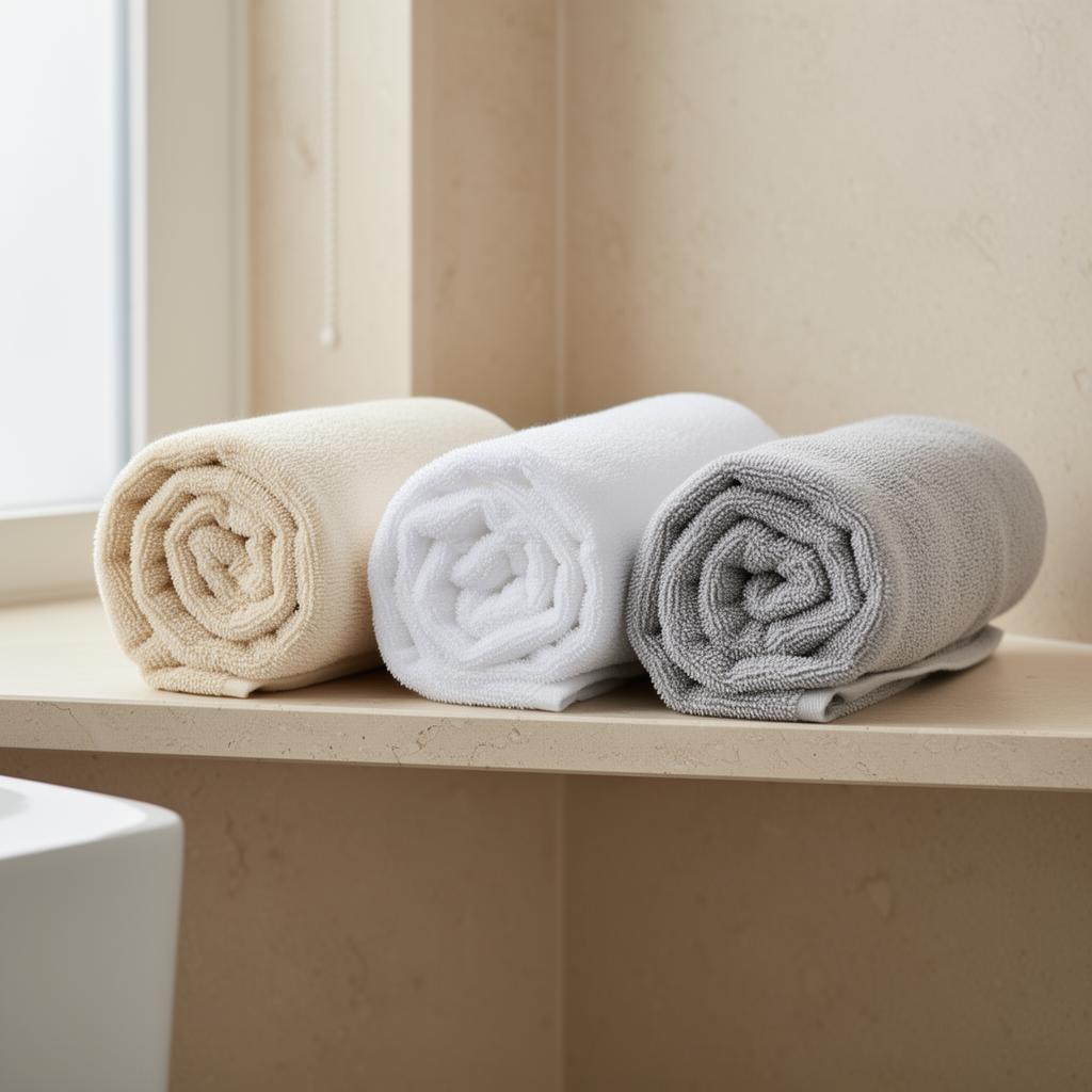 Três toalhas enroladas em creme, branco e cinza